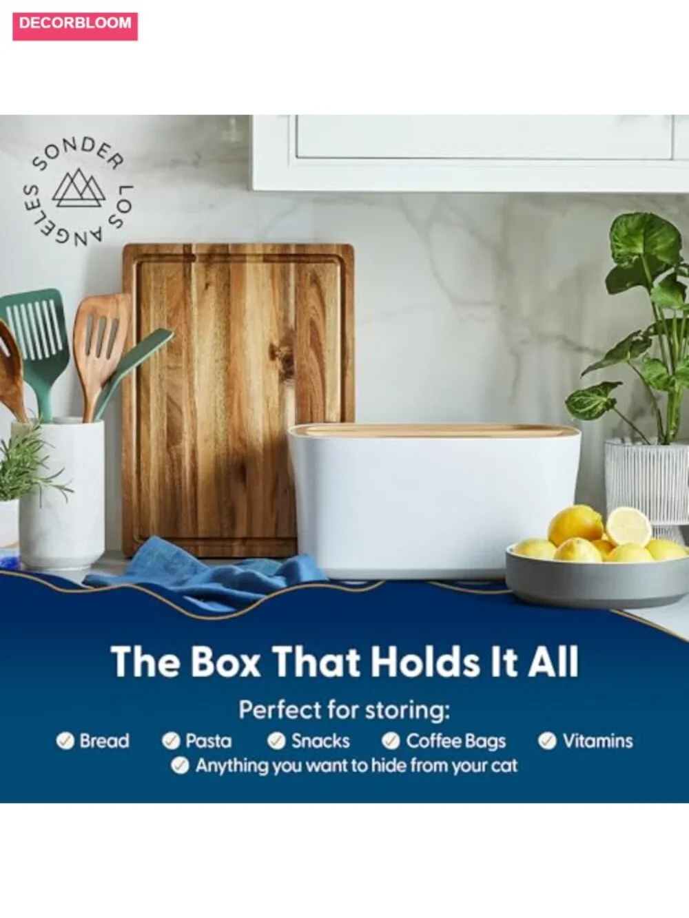 Large Bread Box with Wood Lid Bamboo Fiber Recycled Plastic Kitchen Storage
